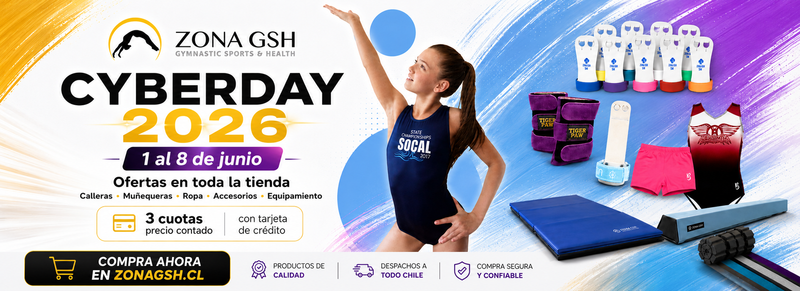 CyberDay 2026 Zona GSH con ofertas en gimnasia artística, calleras, muñequeras, ropa, accesorios y equipamiento