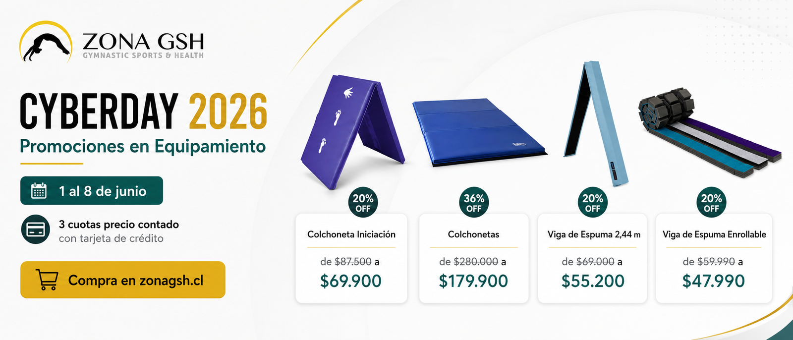 CyberDay 2026 Zona GSH promociones en equipamiento de gimnasia artística, colchonetas y vigas de entrenamiento
